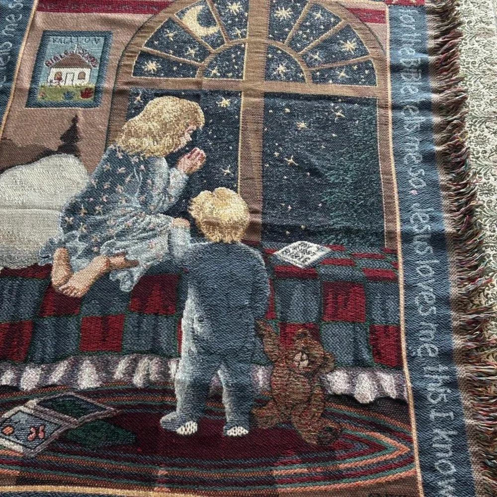 Woven Tapestry Throw Kids Blue Jesus‎ Loves Me Prayer Vintage Cottagecore